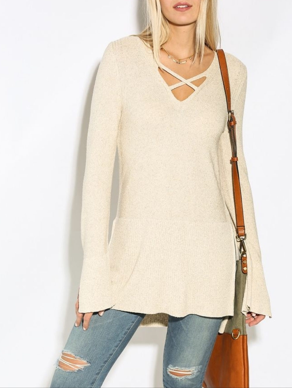 Free People Revolve Beige V Neck Criss Cross Ribbed Knit Slit Tunic Sweater